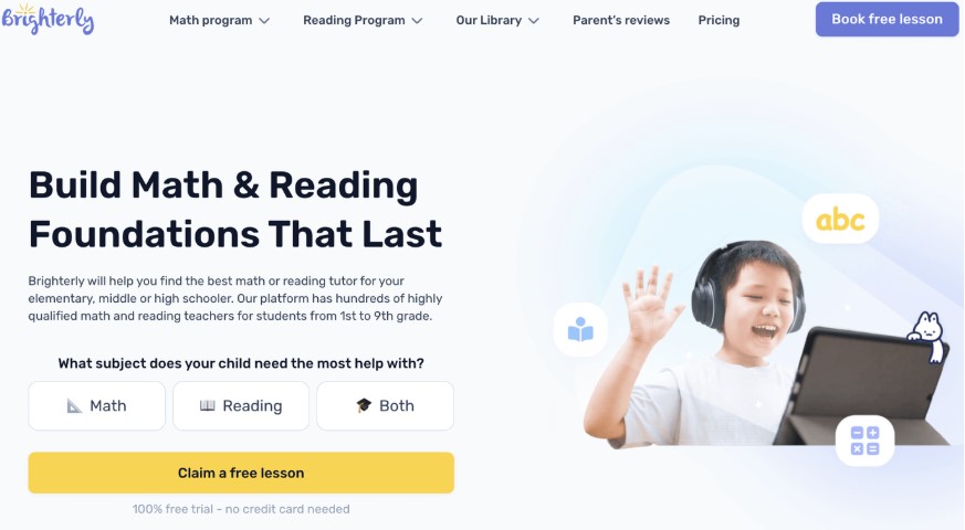 Child with headphones excitedly waves in front of a tablet, promoting Brighterly's math and reading programs for 1st to 9th graders