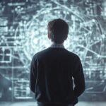 Person facing a digital chalkboard filled with complex mathematical diagrams and graphs