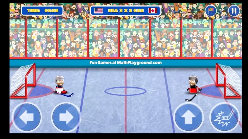 A hockey-themed math game on MathPlayground.com shows two cartoon players competing on ice with a cheering crowd in the background