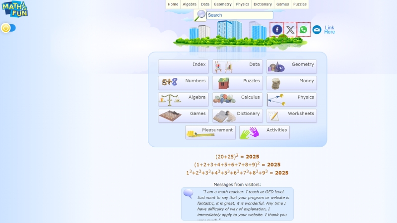 The Math is Fun homepage displays a menu with sections like numbers, algebra, puzzles, geometry, and interactive math games