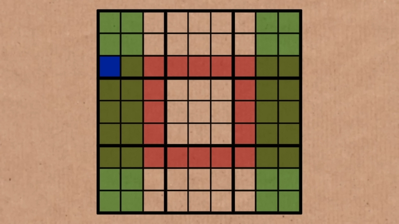 A colorful grid puzzle from Numberphile shows a pattern of red, green, and tan squares with one blue square in the top-left corner