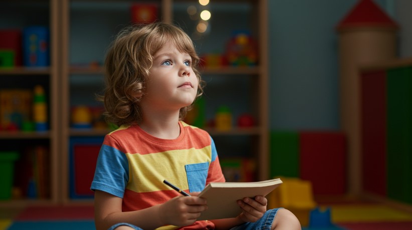 A young child sits engrossed in learning math, their gaze directed upward