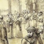 A scene depicting religious scholars engaged in scholarly activities, studying and exchanging knowledge in a historical setting