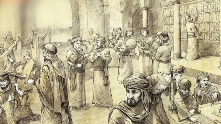 A scene depicting religious scholars engaged in scholarly activities, studying and exchanging knowledge in a historical setting