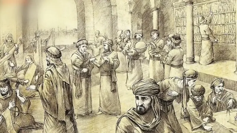 A scene depicting religious scholars engaged in scholarly activities, studying and exchanging knowledge in a historical setting