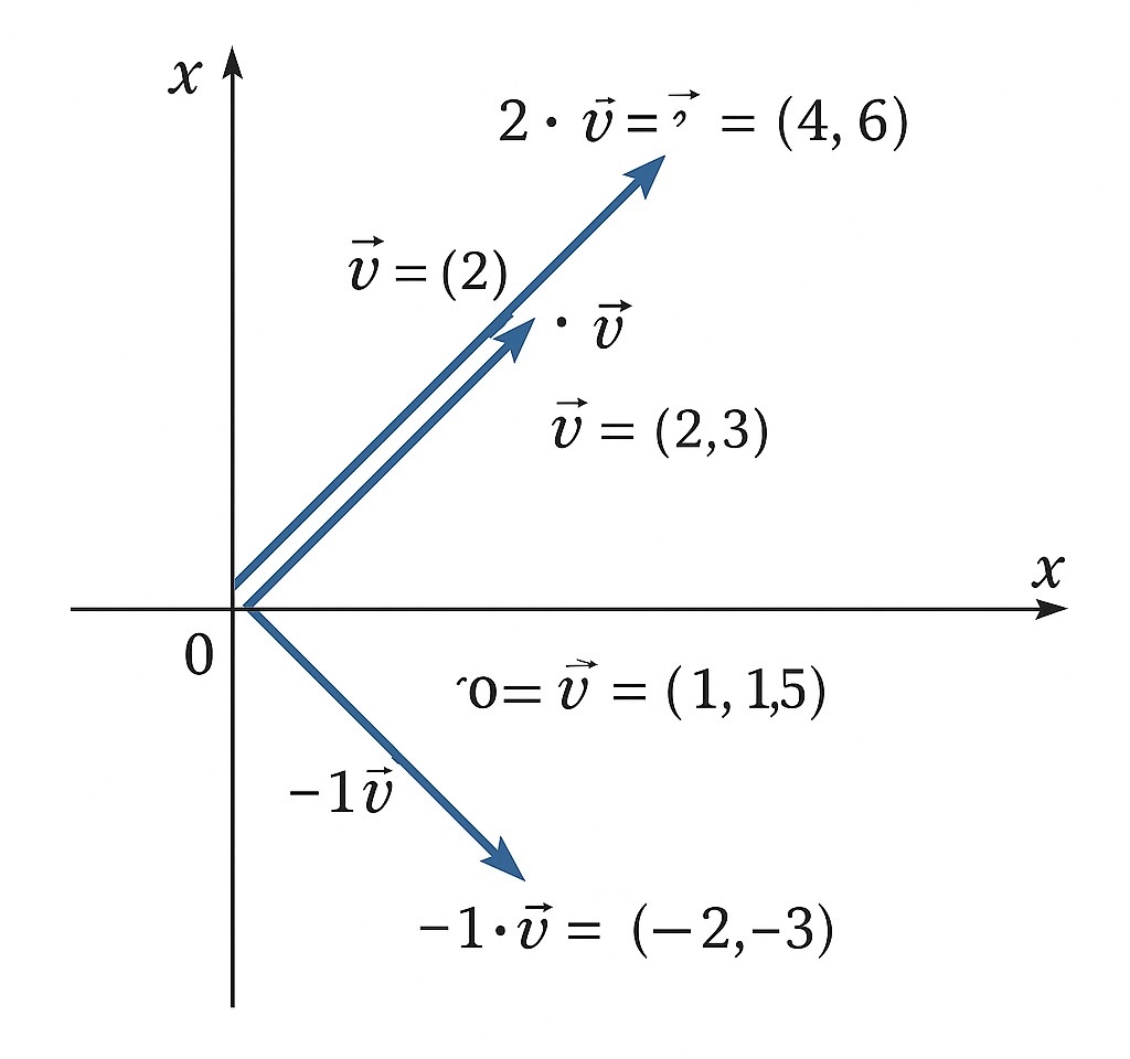 A diagram illustrating scalar multiplication of a vector, showing its scaling and directional changes