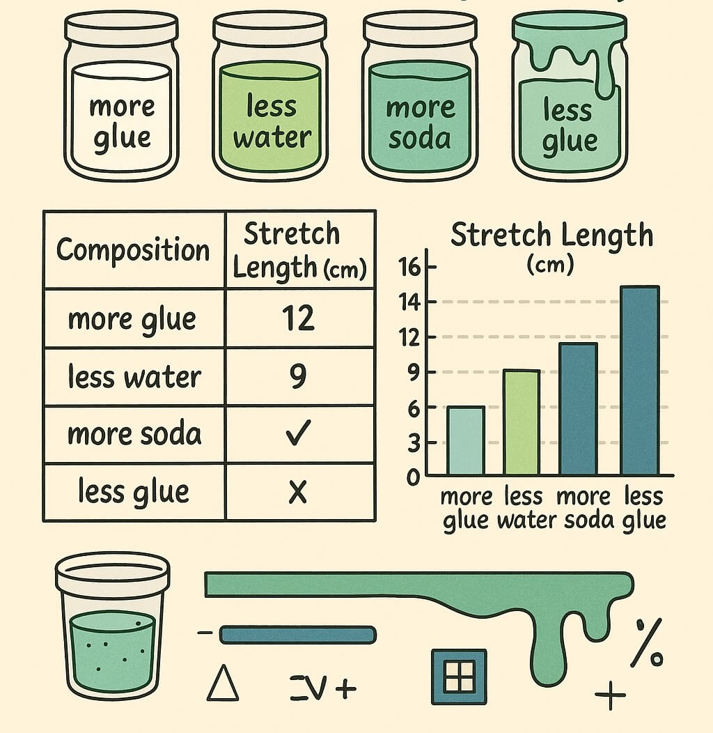 Illustrated chart showing different slime ingredient compositions and their stretch lengths in centimeters