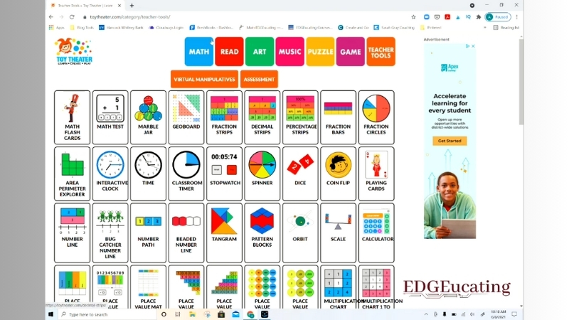 A screenshot of Toy Theater shows colorful math tools like flash cards, spinners, number lines, and virtual manipulatives for kids