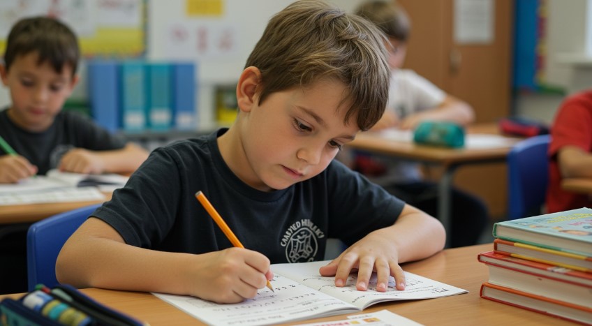 Kid in school, deep in thought, solving math problem