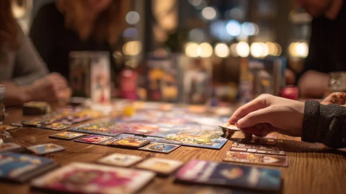 Adults playing an intricate cooperative board game on a wooden table with colorful cards and game pieces, in a cozy, softly lit room