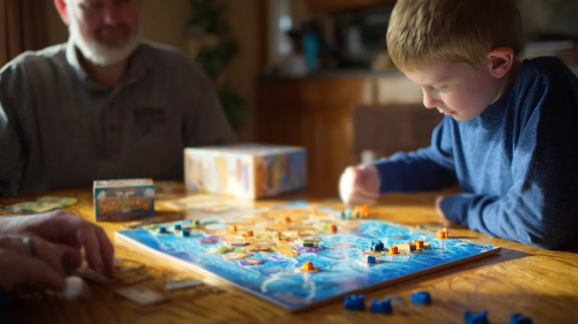A young boy intently playing a colorful family cooperative board game with adults, seated around a wooden table in a cozy, sunlit room