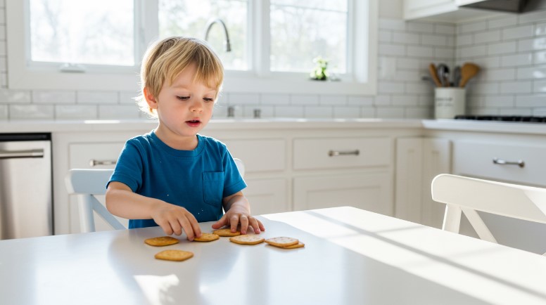 Kid counting crackers on a kitchen table
