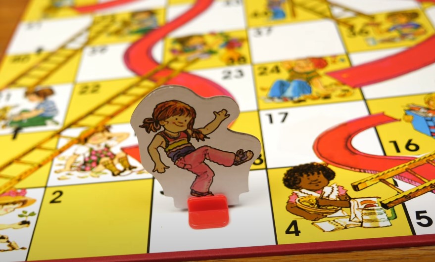 Close up view of Chutes and Ladders board game