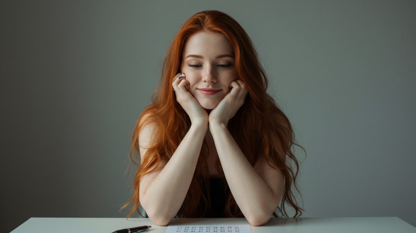 A young woman sits thoughtfully, her hands resting gently on her face