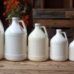 Six white plastic jugs in descending size order, representing different quart volumes in a gallon