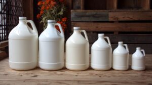 Six white plastic jugs in descending size order, representing different quart volumes in a gallon