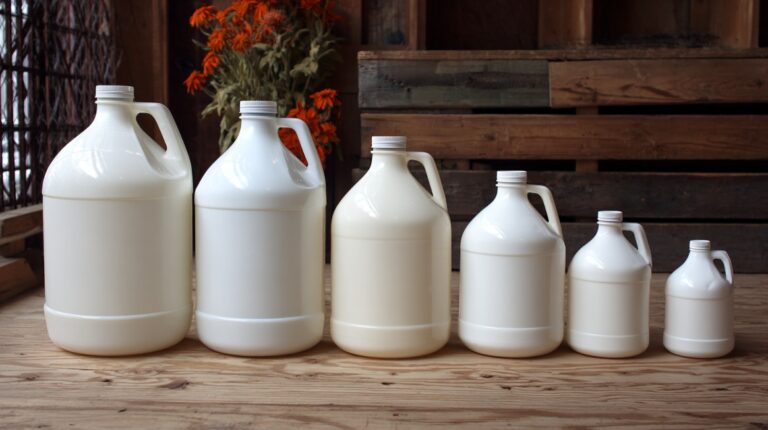Six white plastic jugs in descending size order, representing different quart volumes in a gallon