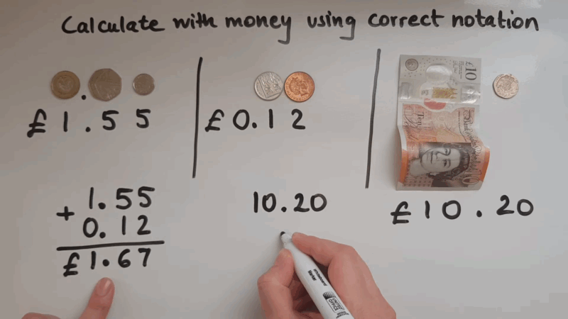 Money used to show how to add decimals with correct notation
