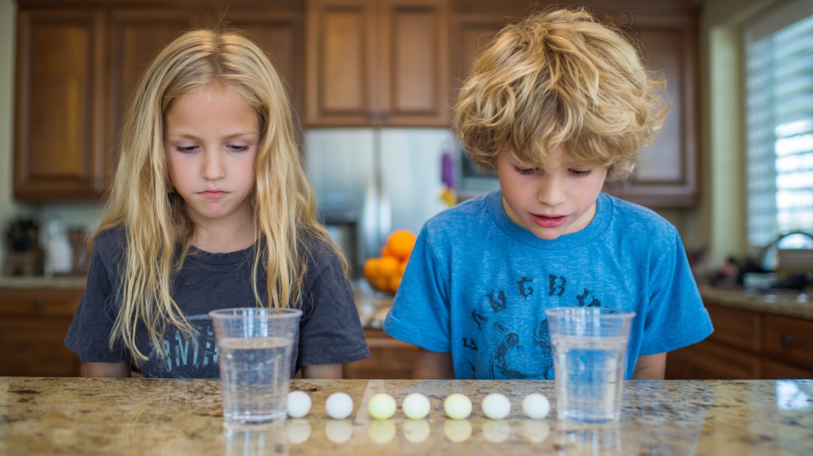 Two kids at a kitchen counter preparing for a Minute to Win It game using cups of water and ping pong balls