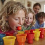 A group of children and an adult cheer as a young girl tries to blow a ping-pong ball into colorful plastic cups lined up on a table