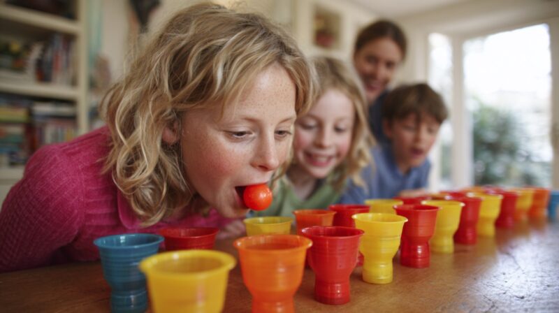 A group of children and an adult cheer as a young girl tries to blow a ping-pong ball into colorful plastic cups lined up on a table