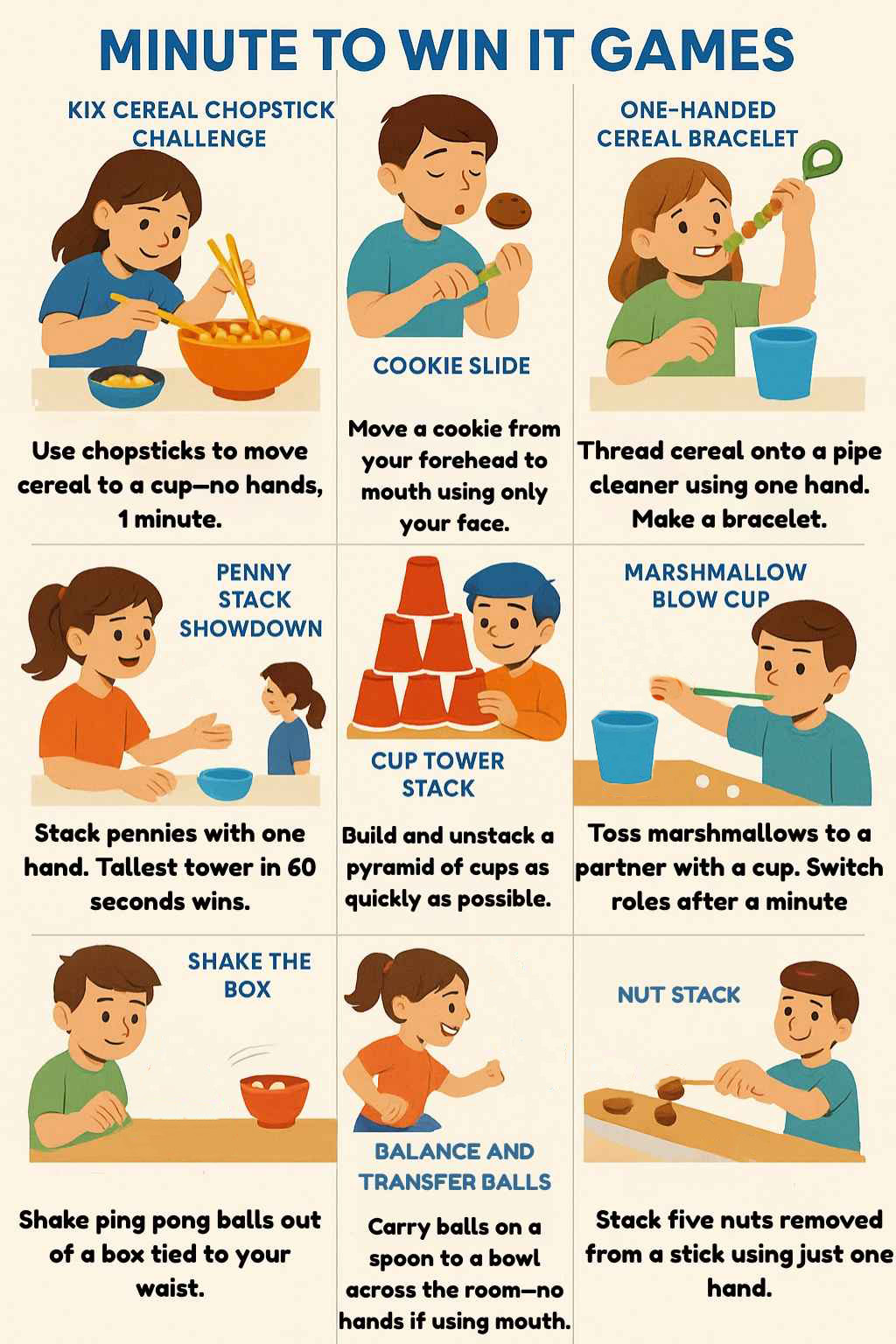 A colorful illustrated chart showing nine quick and easy โMinute to Win Itโ games for kids and families, including activities like stacking pennies, moving cereal with chopsticks, cookie face slides, and building cup towers