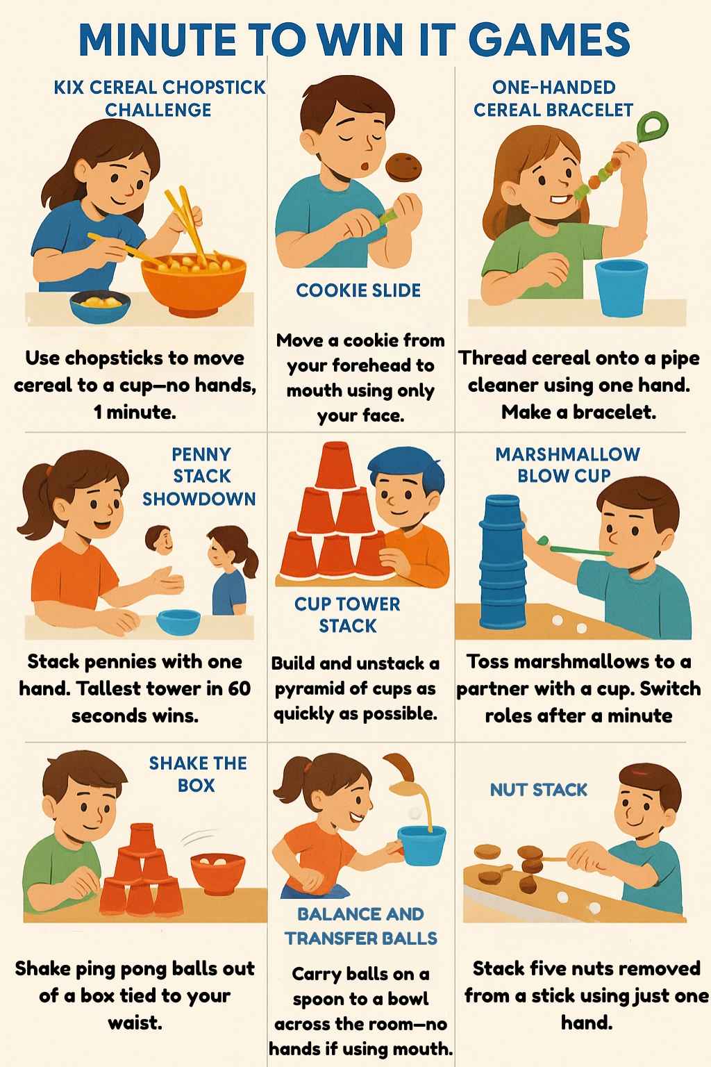 A colorful illustrated chart showing nine quick and easy “Minute to Win It” games for kids and families, including activities like stacking pennies, moving cereal with chopsticks, cookie face slides, and building cup towers