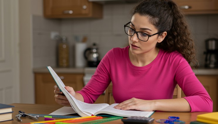 A young woman engrossed in focused math study