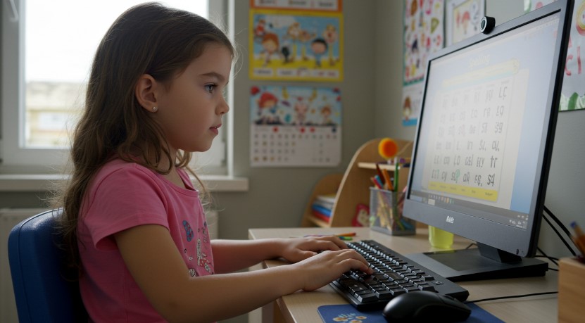 Focused young girl engrossed in online learning