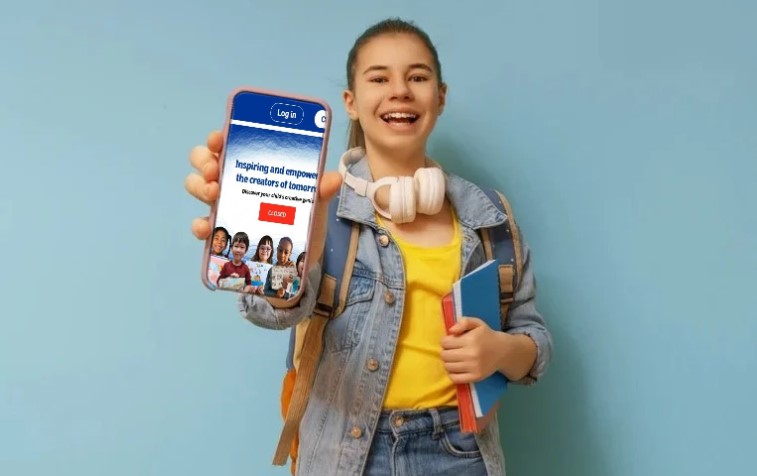 Personalized learning app, displayed on a phone, is presented by a happy student