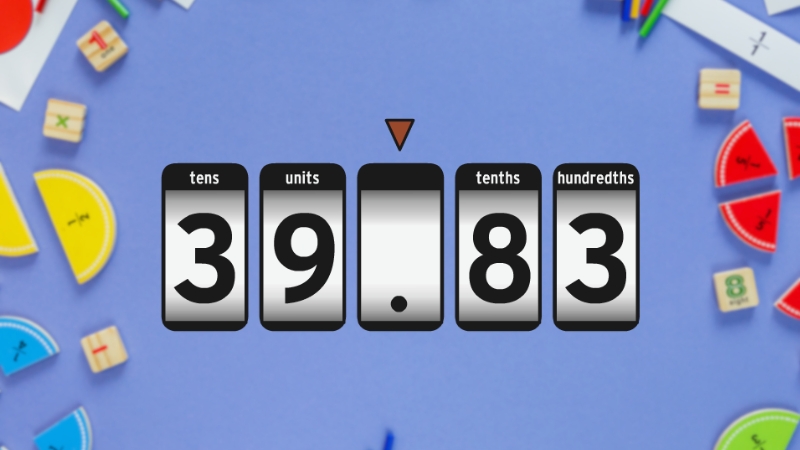 An educational visual showing the number 39.83 with labeled place values to help primary students learn decimals