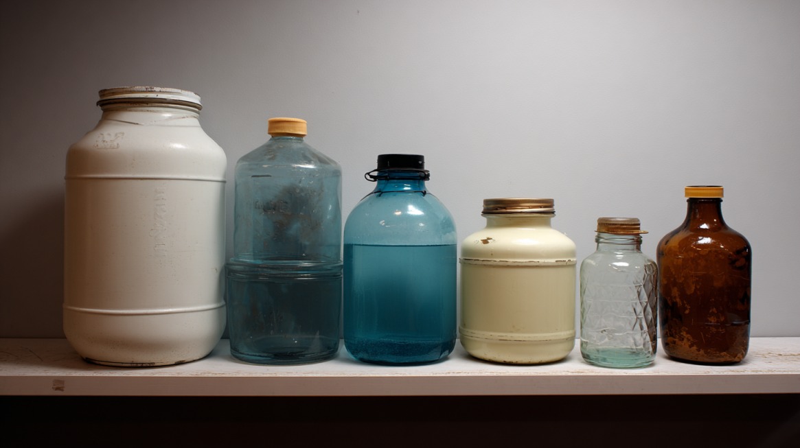 A row of variously sized glass and plastic jars and jugs for storing liquids, displayed against a neutral wall