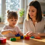 A young girl and her mother engage in playful construction with colorful building blocks