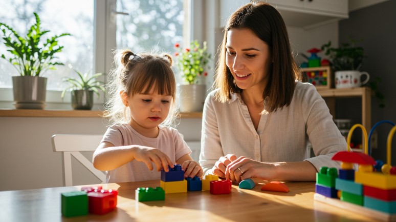 A young girl and her mother engage in playful construction with colorful building blocks