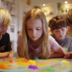 Four children intensely focused while playing a colorful cooperative board game at a wooden table in a cozy room