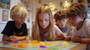 Four children intensely focused while playing a colorful cooperative board game at a wooden table in a cozy room