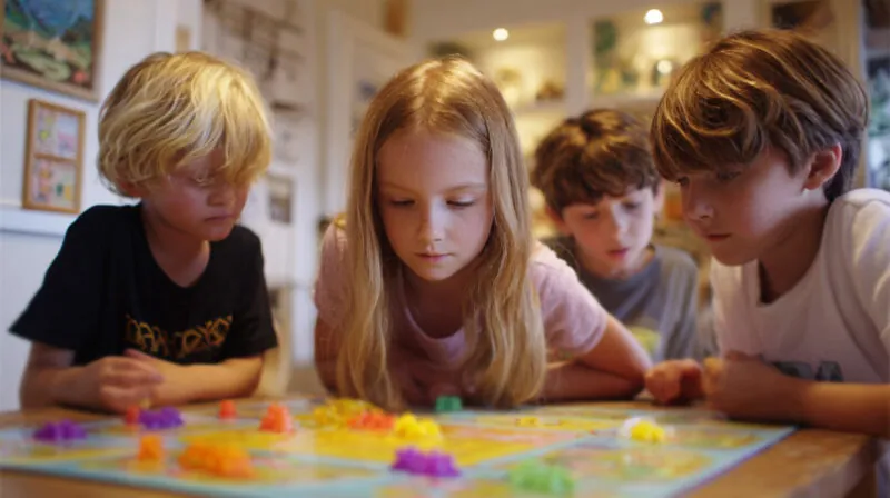 Four children intensely focused while playing a colorful cooperative board game at a wooden table in a cozy room