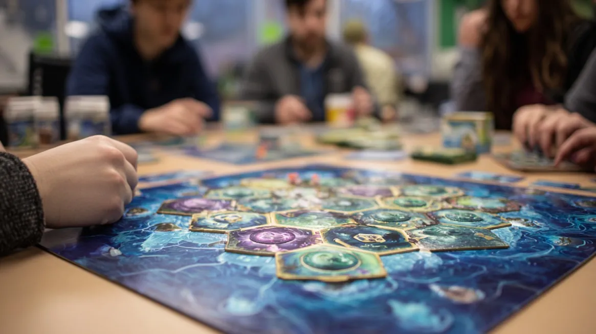 Group of adults playing an intricate cooperative board game with a detailed blue and green game board, focused on strategy and teamwork