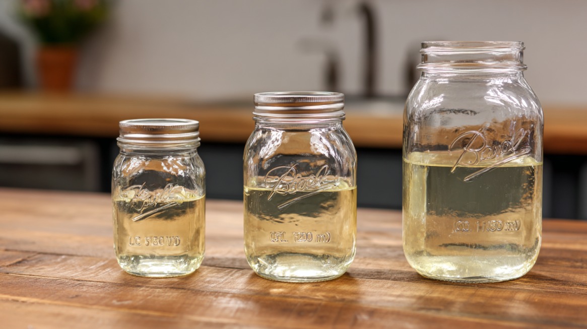 Three Ball jars filled with different volumes of liquid, marked with quart and milliliter measurements