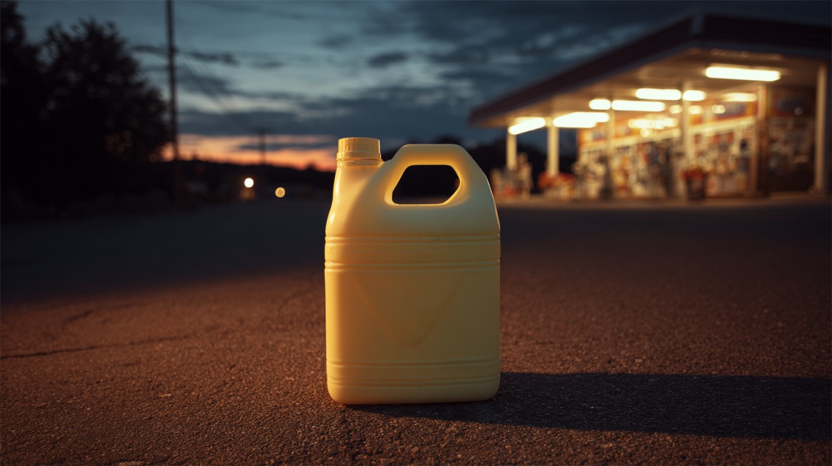 A yellow plastic gallon container on pavement near a gas station at dusk