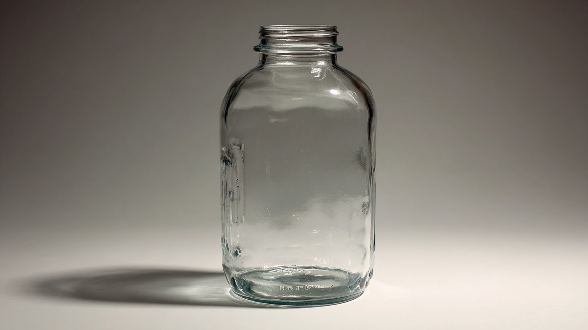 Clear empty glass jar standing upright, representing a quart container