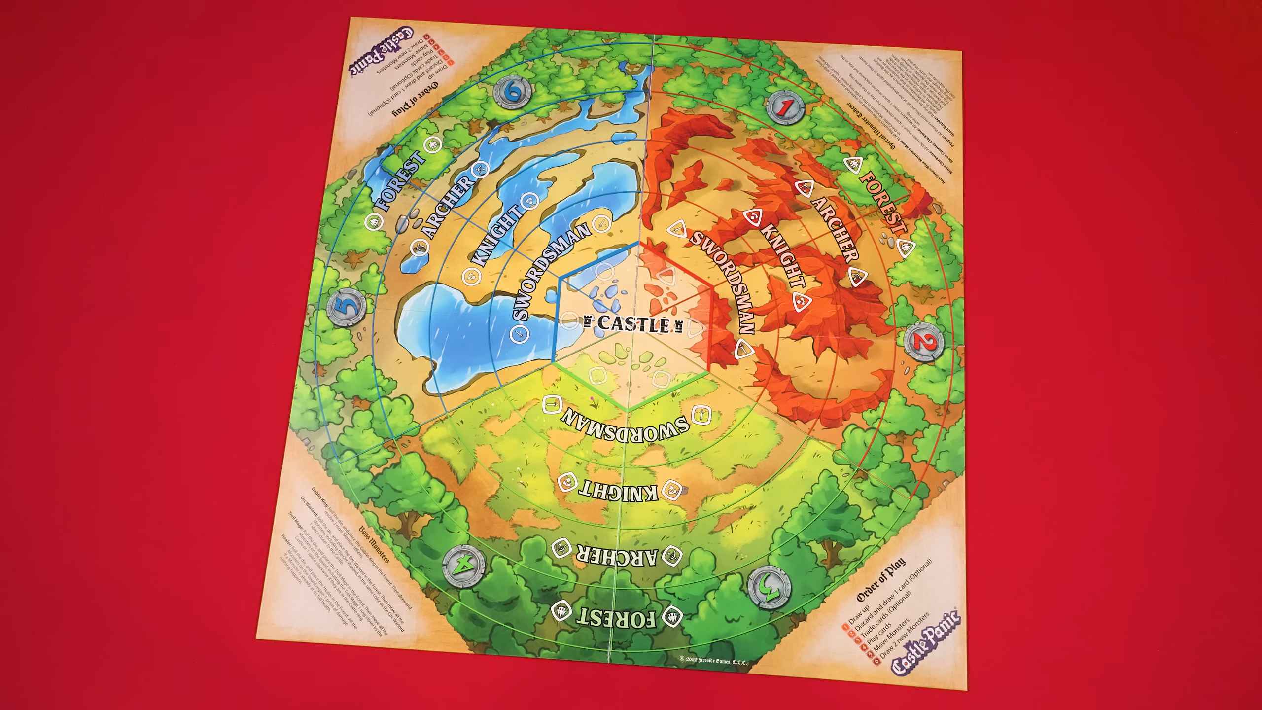 Castle Panic board game with a colorful hexagonal board and labeled zones