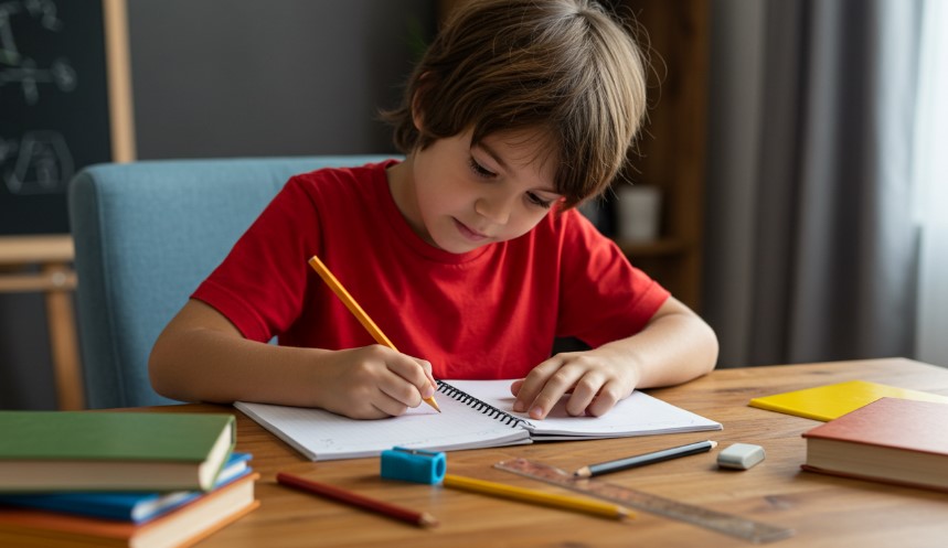 Focused young student diligently working on a school assignment