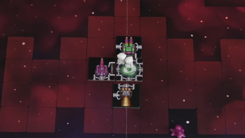 A small spaceship built from modular tiles travels through space in a round of Galaxy Trucker