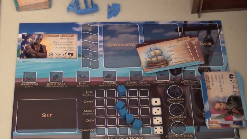 A player board from Merchants & Marauders displays ship stats, crew cards, and equipment pieces arranged for a naval adventure