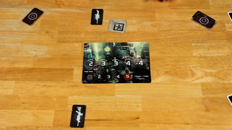 A Resistance board game in progress with the mission board and player cards spread on a wooden table