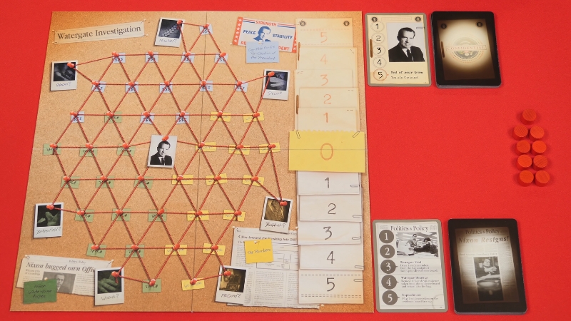 Watergate board game setup showing the investigation board, evidence tokens, and player cards ready for a two-player match