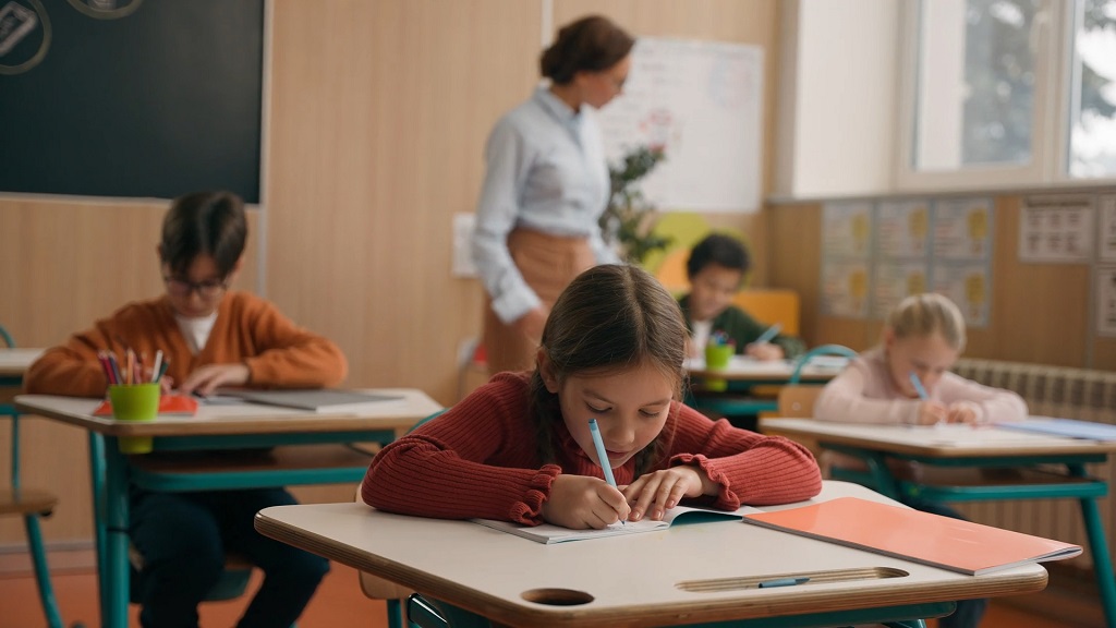 Young children in early elementary grades writing attentively in notebooks during a math lesson