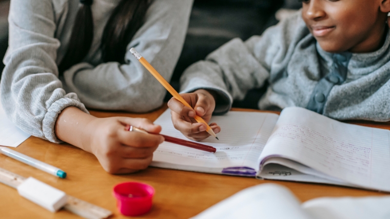 Two bilingual kids working together on math problems in their notebooks