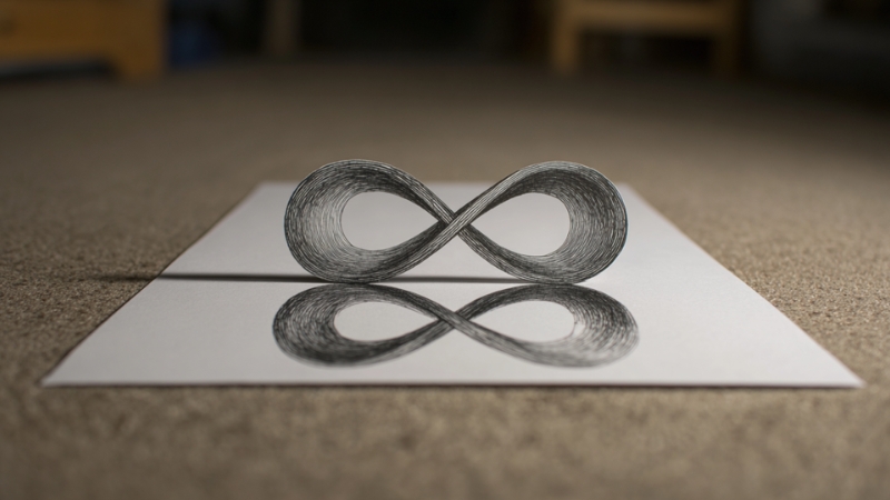 A 3D drawing of the infinity symbol on paper showing its reflection